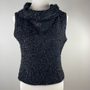 Willi Smith Womens Large Black  Metallic Eyelash Knit Cowl Neck Sweater Top